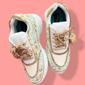 Funky N Trendy mint/ off white / ivory embroidery work bridal sneakers/ bridesmaid sneaker / hancrafted sneakers / gold sneakers / golden sneakers/ green sneakers