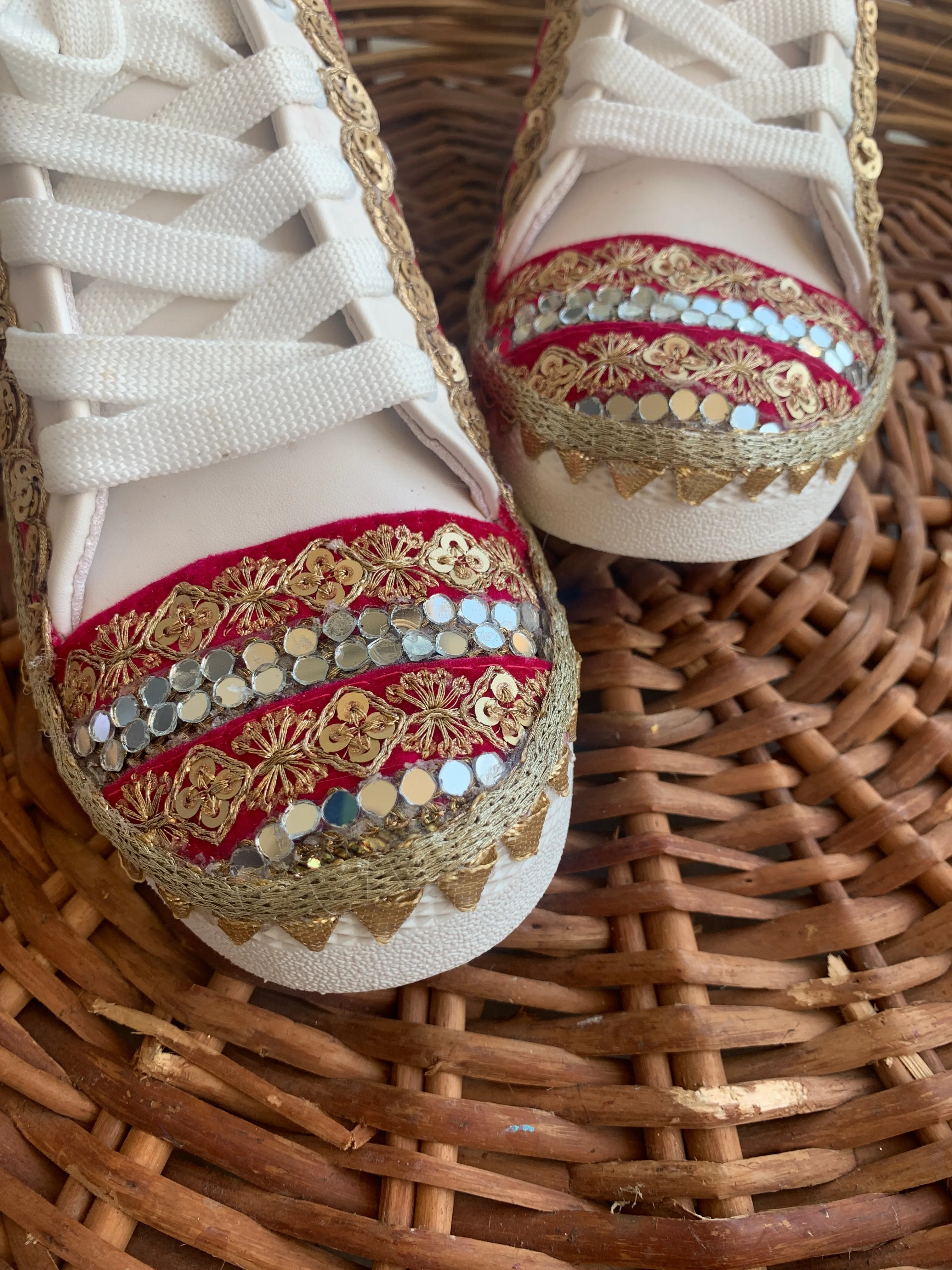 FUNKY N TRENDY red sneakers for brides /sneakers for bridesmaids/ handcrafted sneakers/ golden sneakers / bridal sneakers / bridesmaid sneakers/ golden hand work sneakers / rani pink sneakers