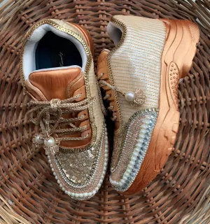 FUNKY N TRENDY rhinestone/ pearl in copper shade hand work sneakers for brides / bridesmaids