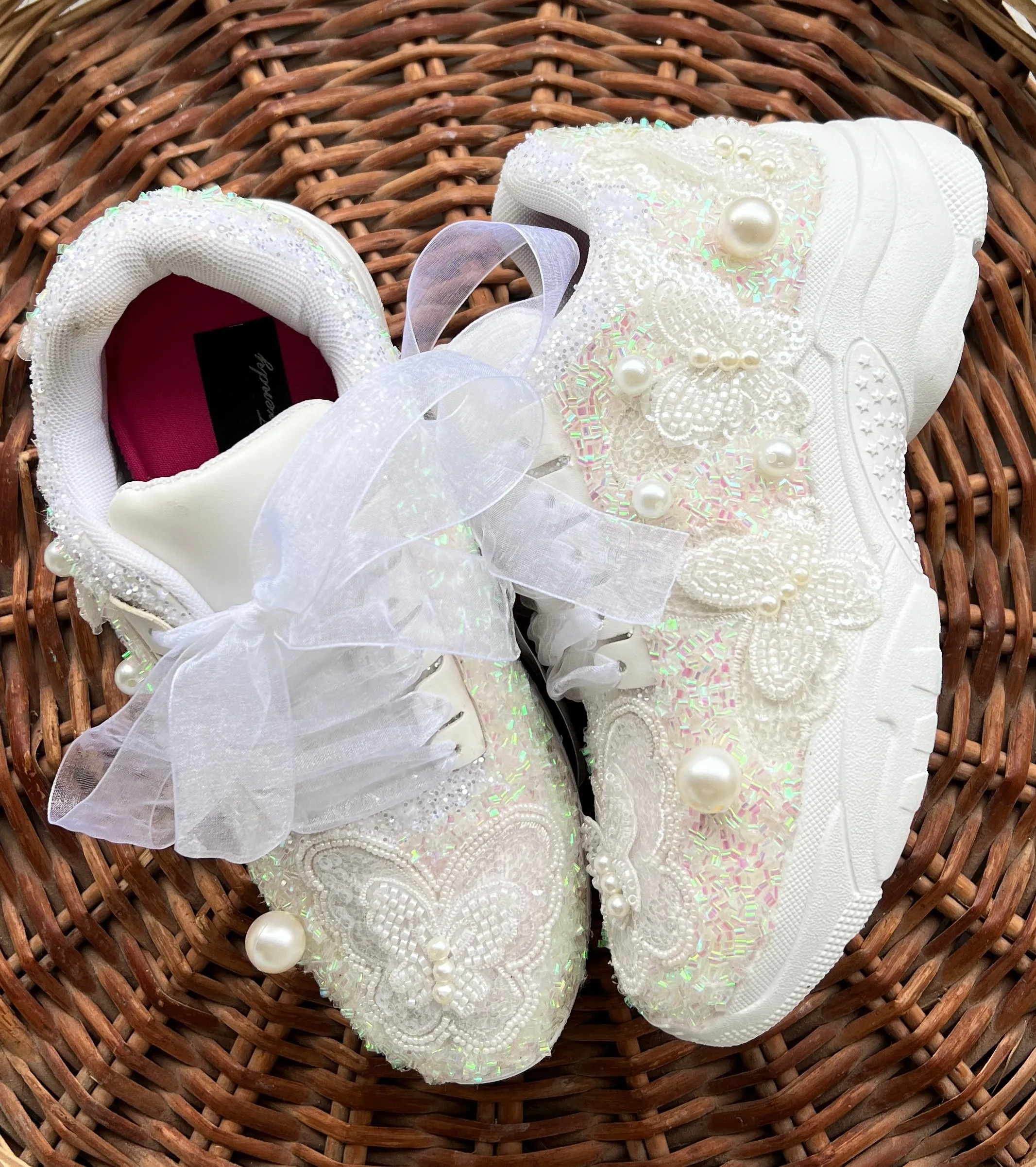 FUNKY N TRENDY white butterfly embroidery sneakers for brides /white silver embroidered sneakers/ handcrafted sneakers/ butterfly sneakers / bridal sneakers / bridesmaid sneakers/ silver and white hand work sneakers