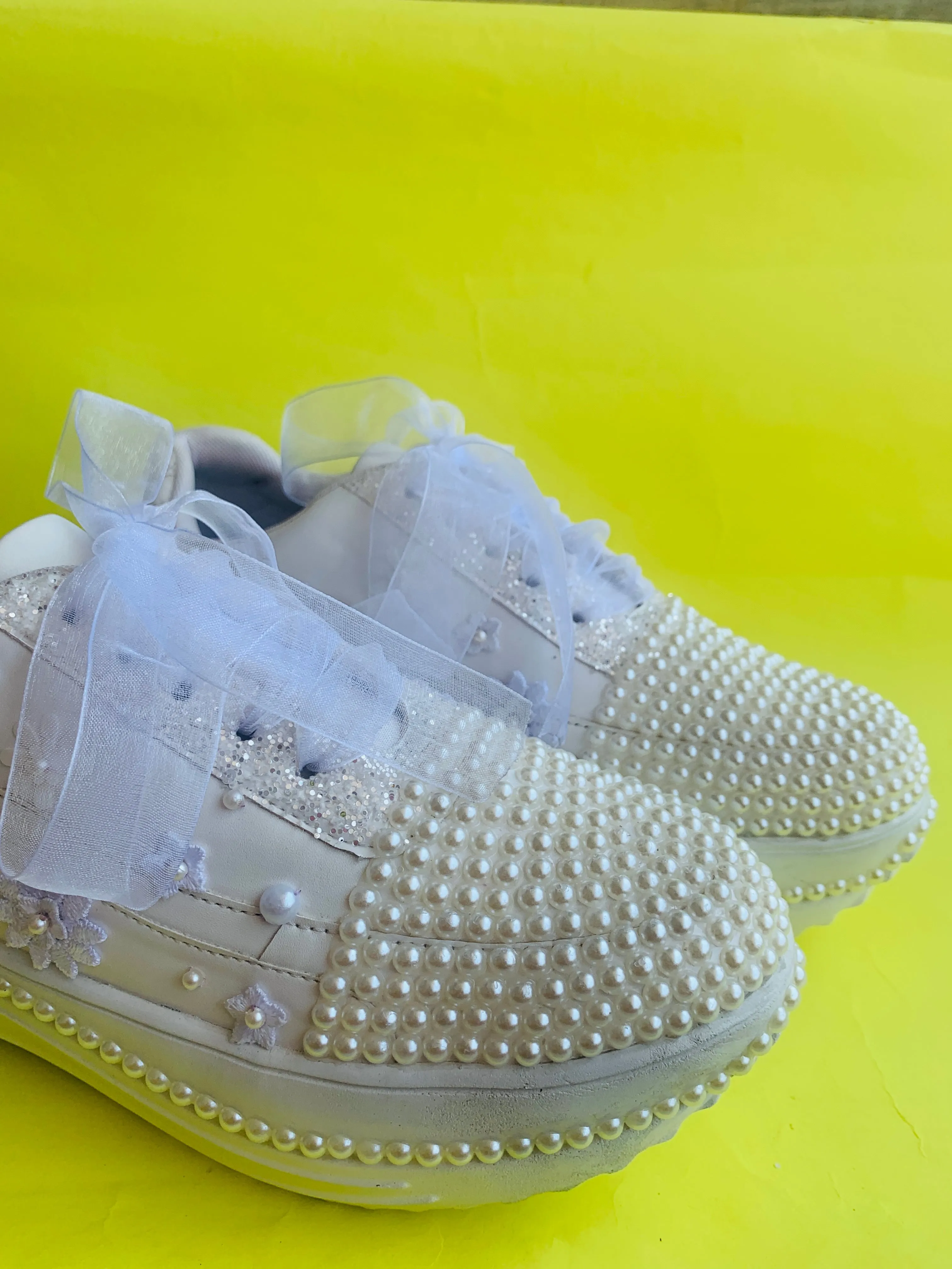 Funky N Trendy white pearl work sneakers with floral detailing / bridal sneakers/ sneaker for bride / white sneakers/ pearl sneakers for bride