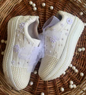 Funky N Trendy white pearl work sneakers with floral detailing / bridal sneakers/ sneaker for bride / white sneakers/ pearl sneakers for bride