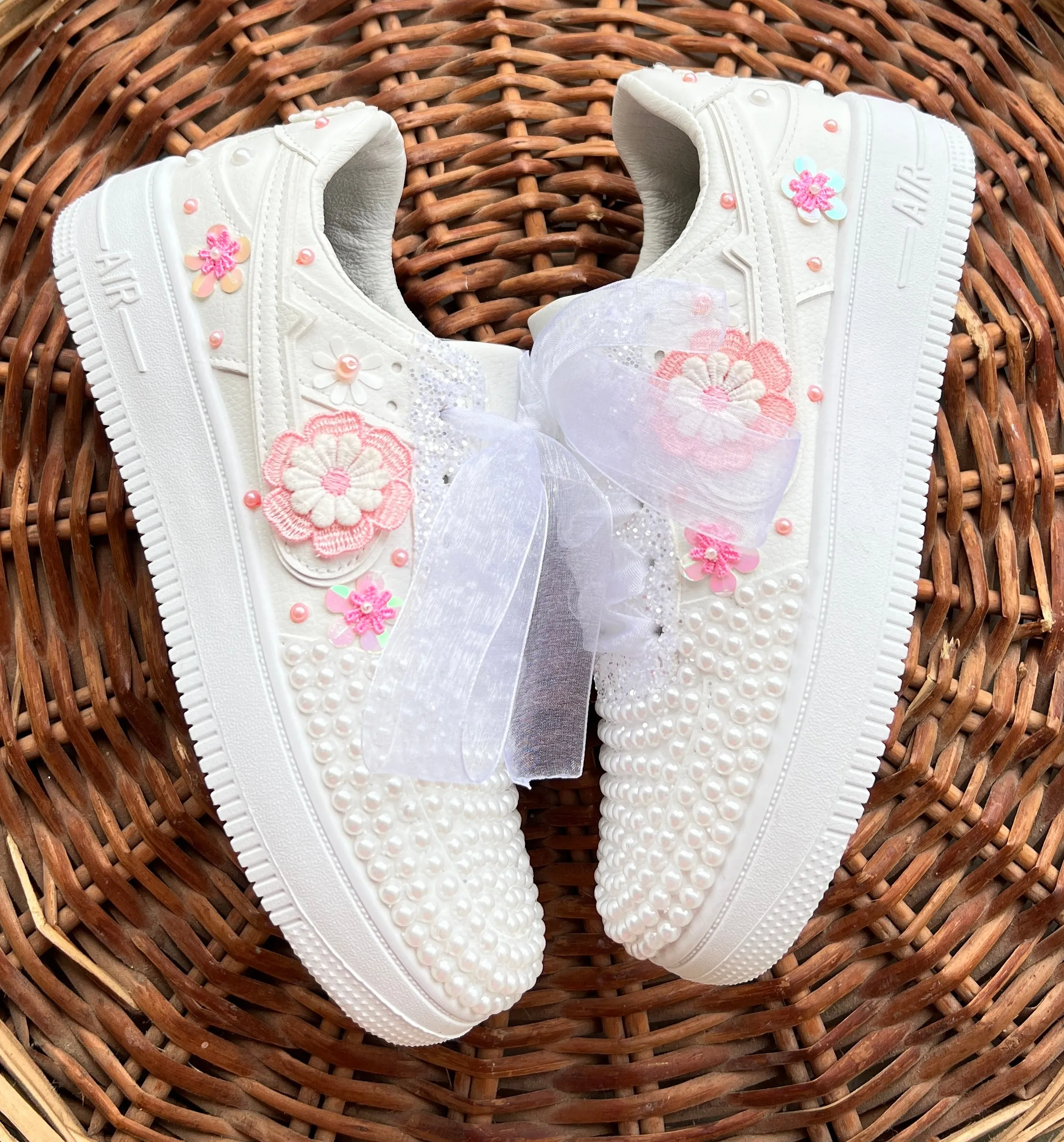 Funky N Trendy white pearl work sneakers with pink floral detailing / bridal sneakers/ sneaker for bride / white sneakers/ pearl sneakers for bride