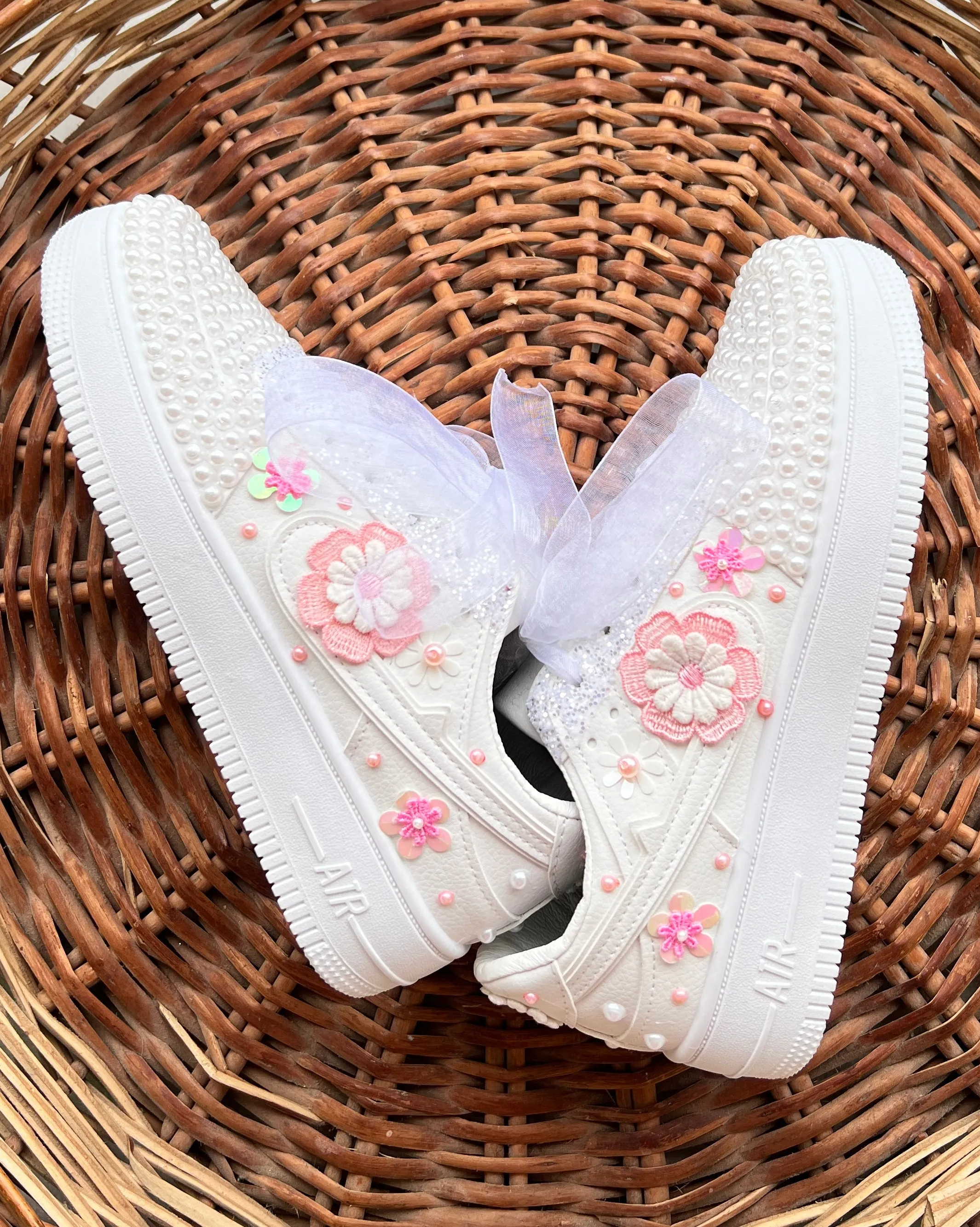 Funky N Trendy white pearl work sneakers with pink floral detailing / bridal sneakers/ sneaker for bride / white sneakers/ pearl sneakers for bride