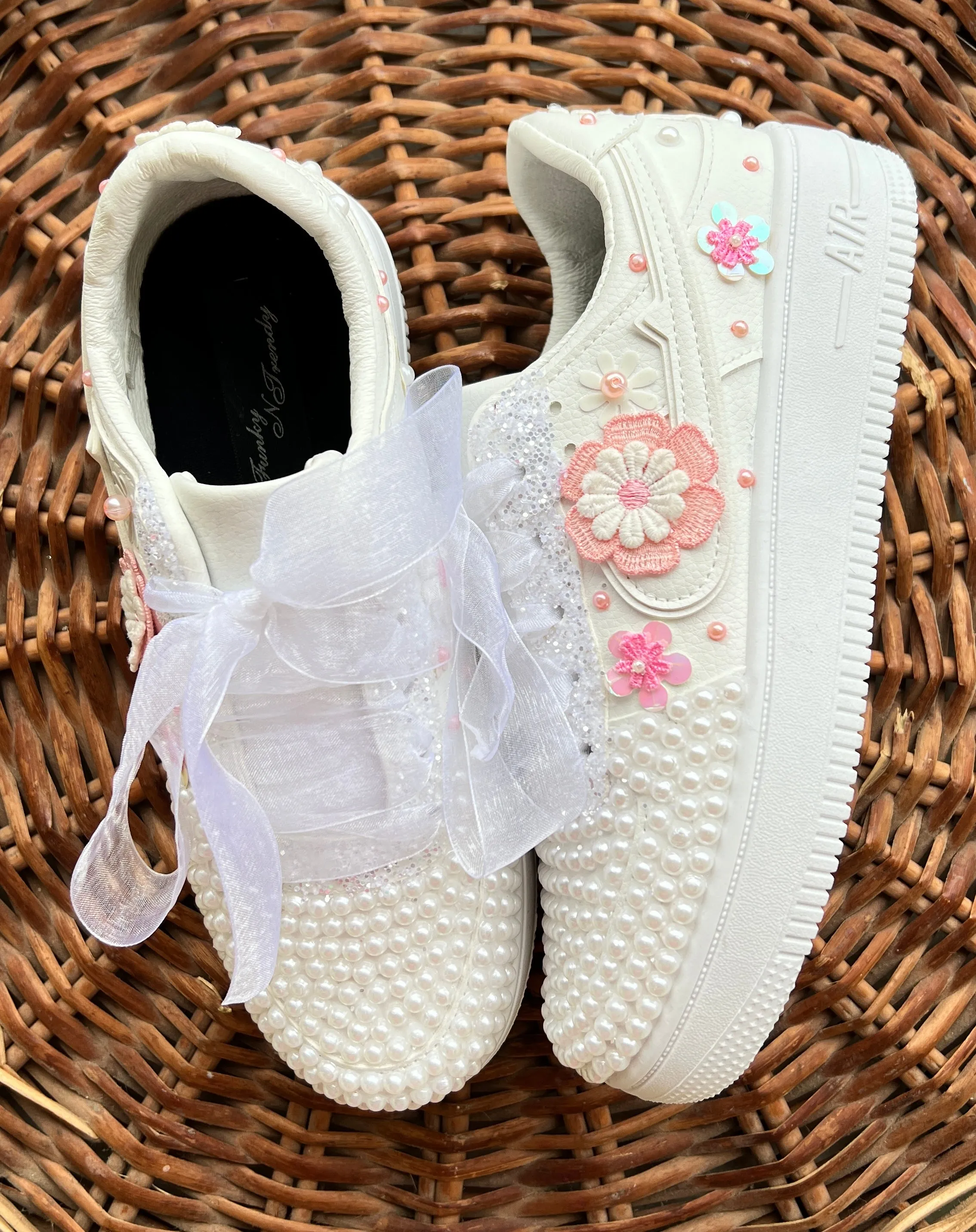 Funky N Trendy white pearl work sneakers with pink floral detailing / bridal sneakers/ sneaker for bride / white sneakers/ pearl sneakers for bride