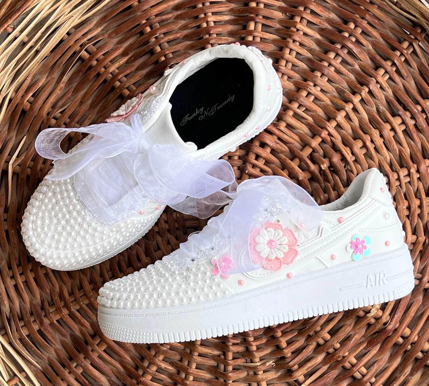 Funky N Trendy white pearl work sneakers with pink floral detailing / bridal sneakers/ sneaker for bride / white sneakers/ pearl sneakers for bride