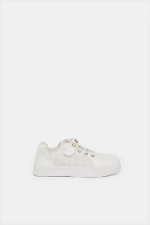 Girls White Pearl Velcro Sneaker