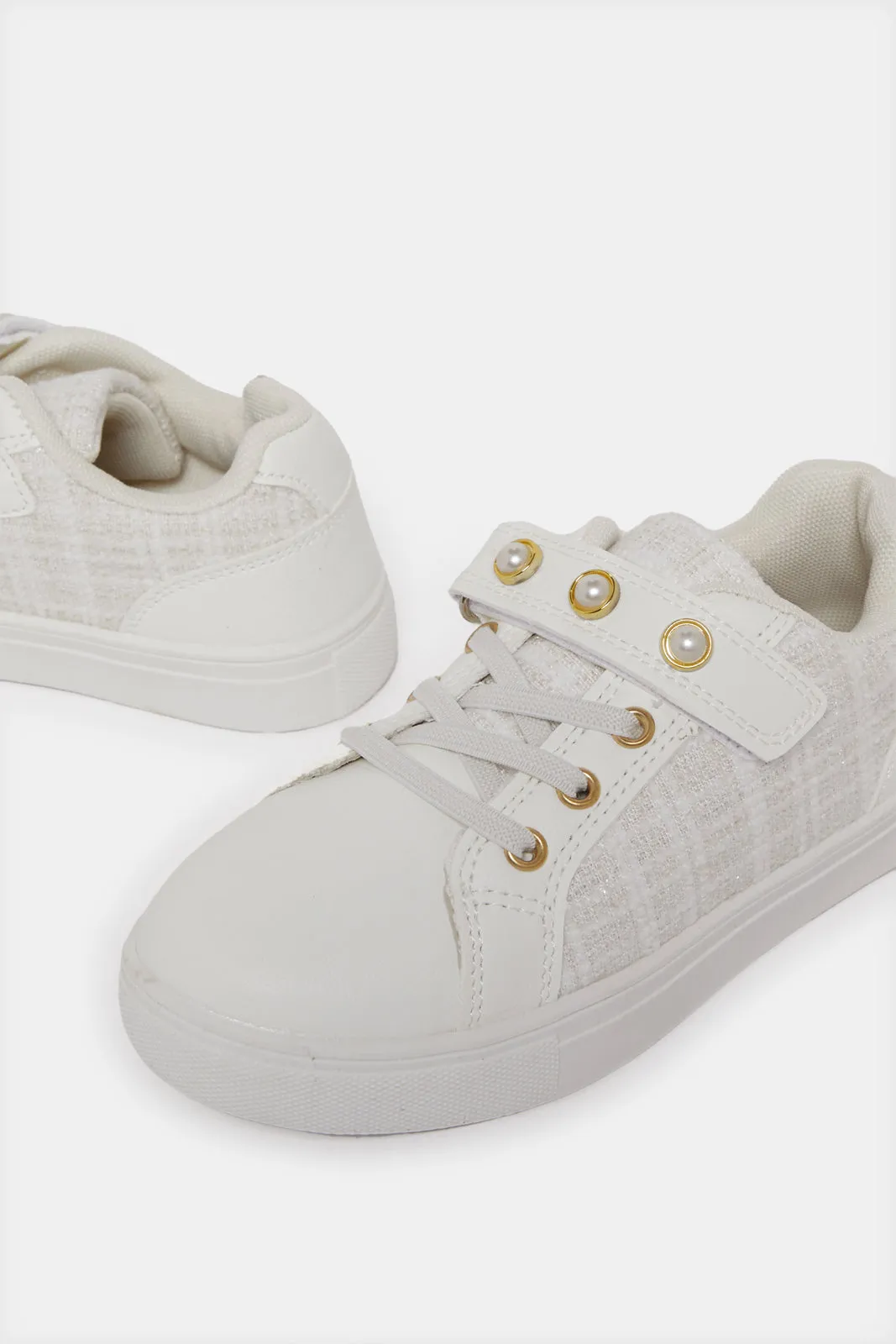 Girls White Pearl Velcro Sneaker