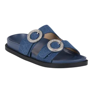 Jordyn Denim Double Band Embellished Slide Footbed Sandals