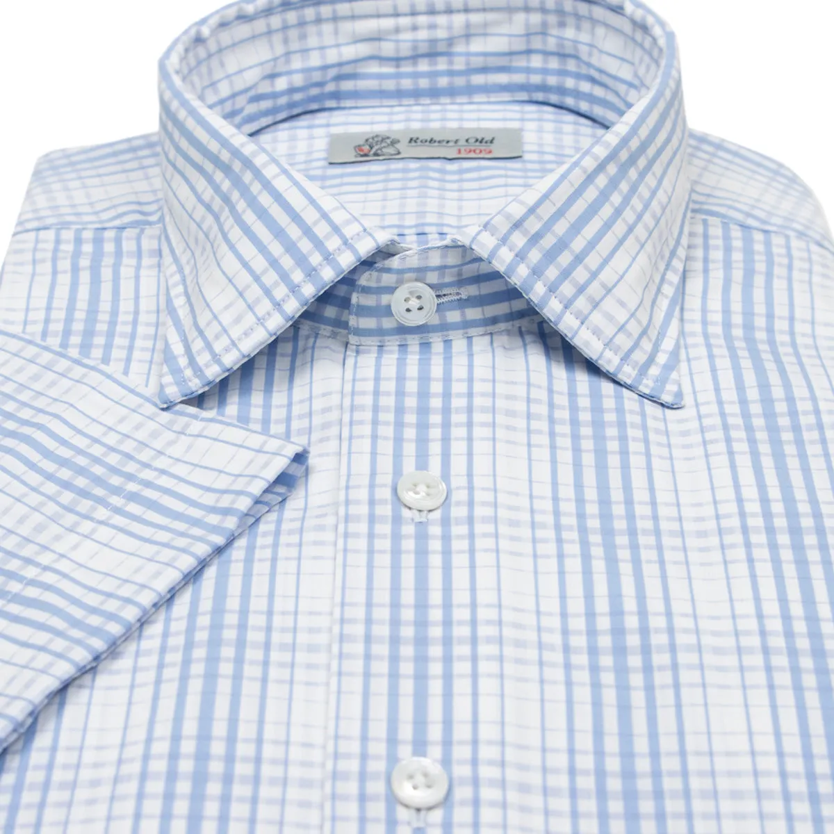 Light Blue Check Swiss Cotton Short Sleeve Shirt