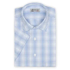 Light Blue Check Swiss Cotton Short Sleeve Shirt