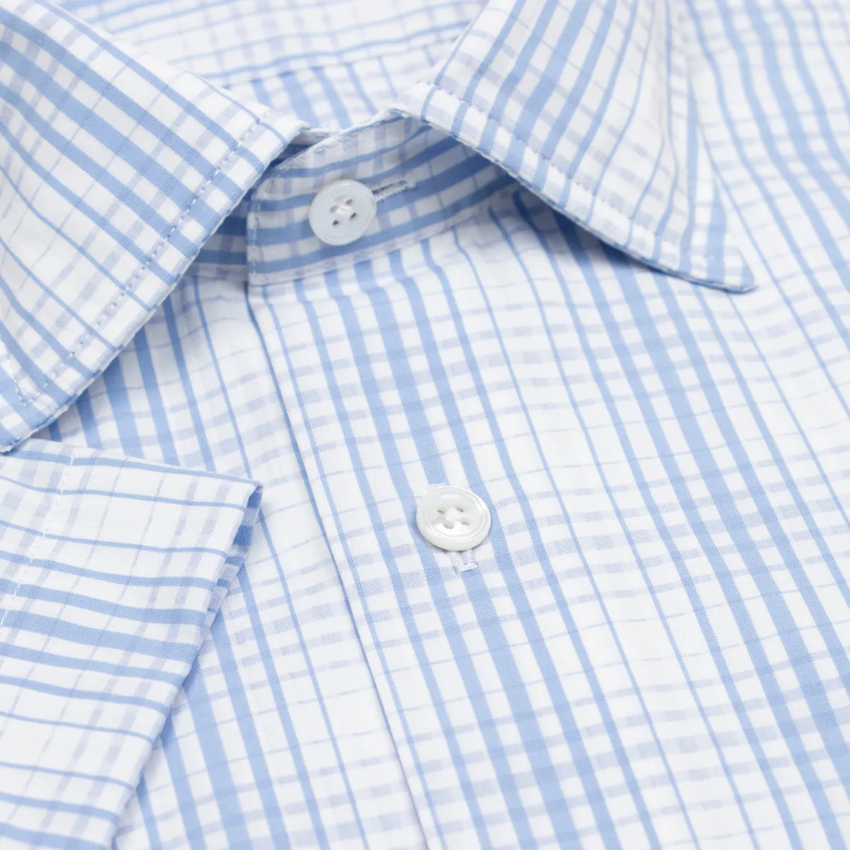 Light Blue Check Swiss Cotton Short Sleeve Shirt