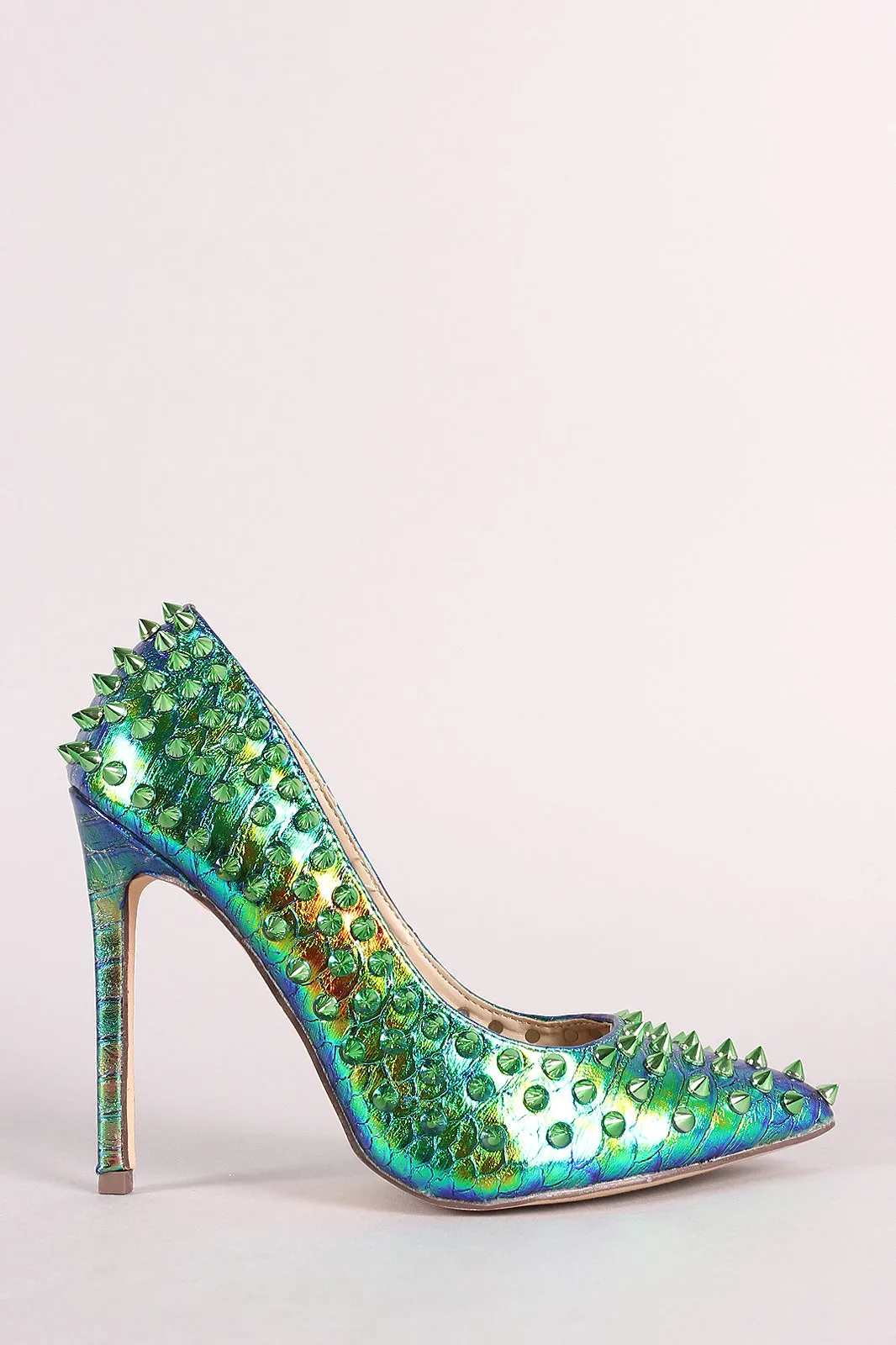 Liliana Spike Studs Snake Embossed Pointy Toe Stiletto Pump