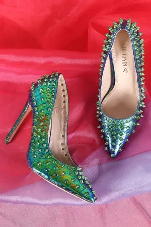 Liliana Spike Studs Snake Embossed Pointy Toe Stiletto Pump