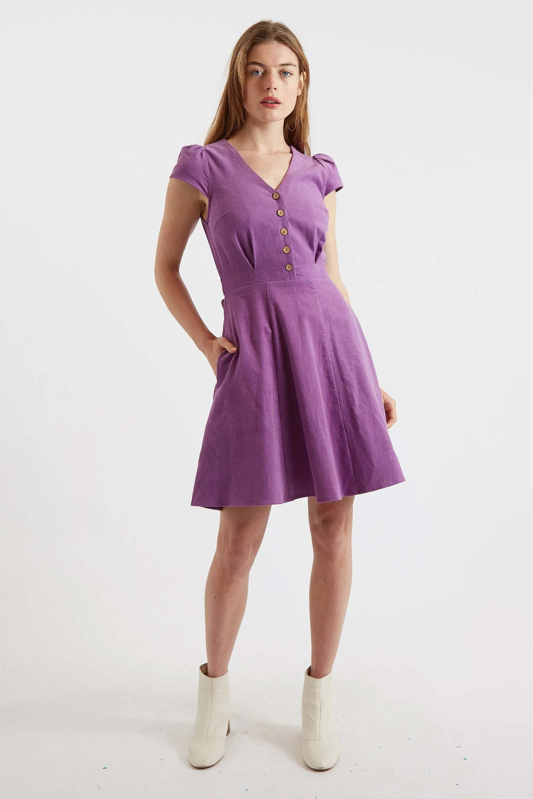 Louche Cathleen Lilac Mini Baby Cord Tea Dress