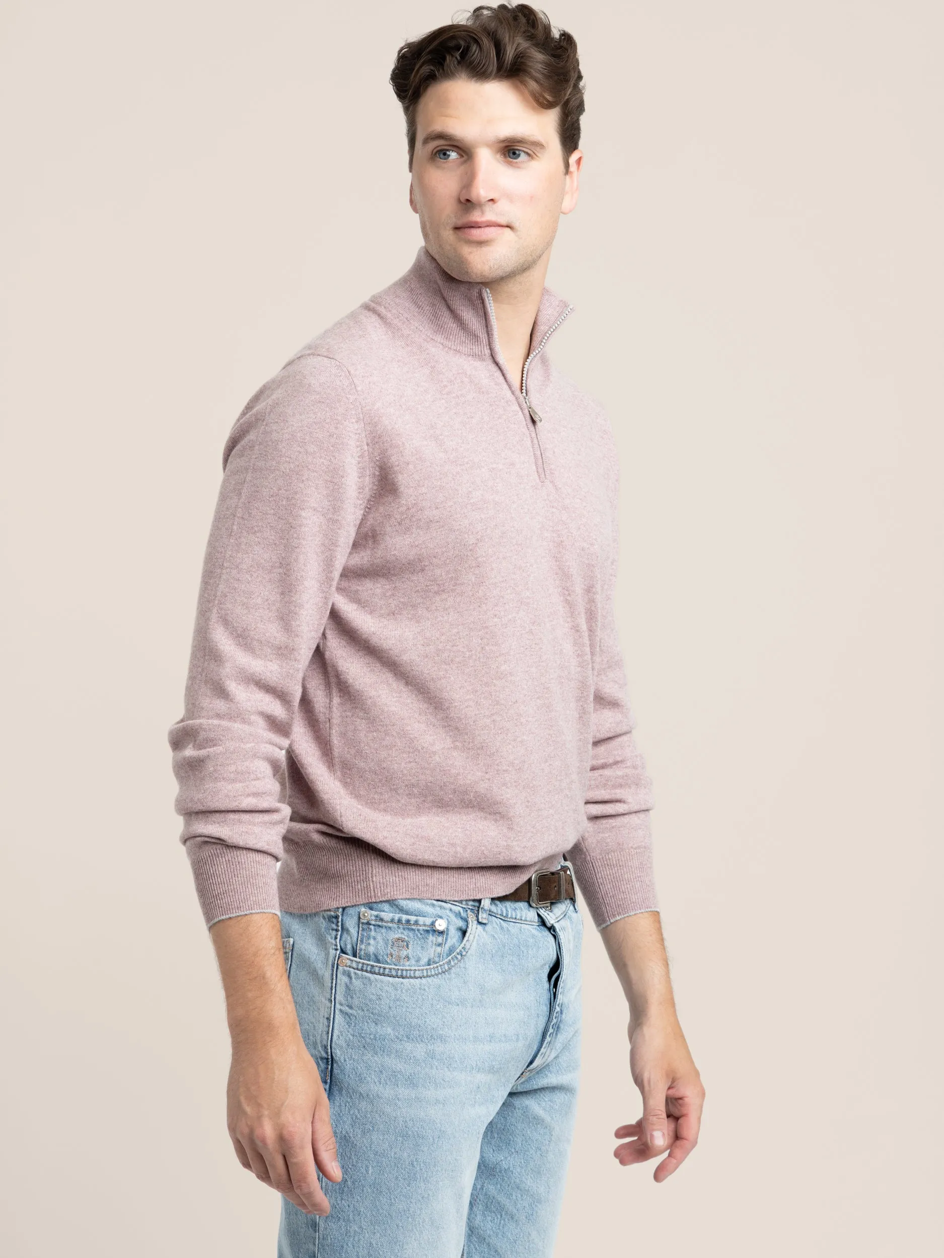 Mauve Pink Cashmere Quarter Zip Sweater