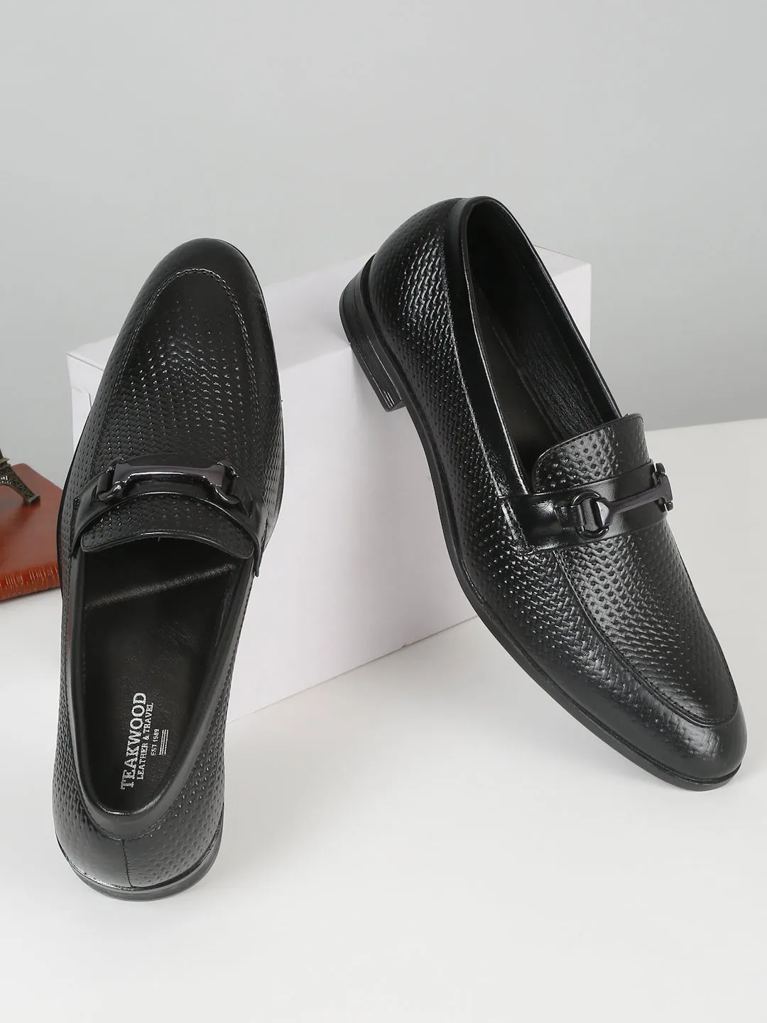 Men's Black Classy Patterned Texture Leather Moccasins