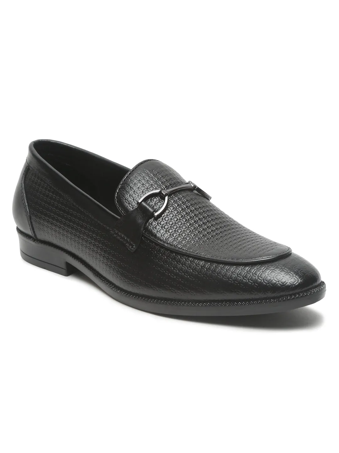 Men's Black Patterned Leather Moccasins with buckle