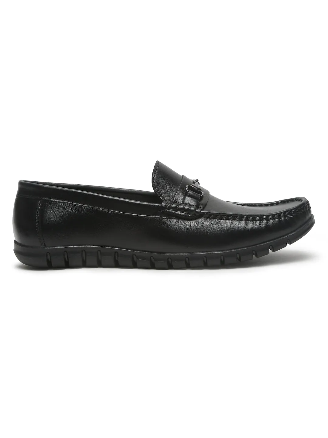 Men's Black Solid Leather Loafers