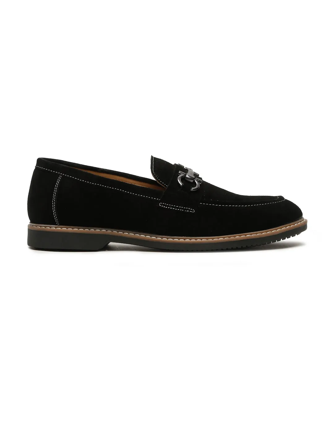 Men's BLACK Suede Leather Loafers With Antique Silver Buckle