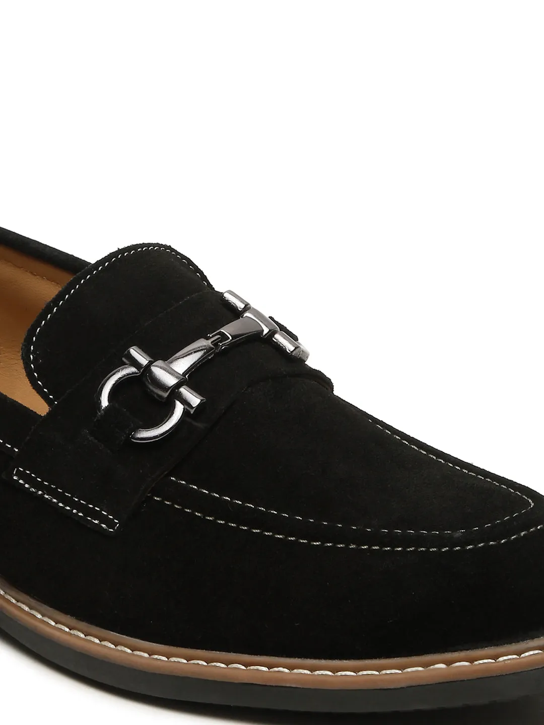 Men's BLACK Suede Leather Loafers With Antique Silver Buckle