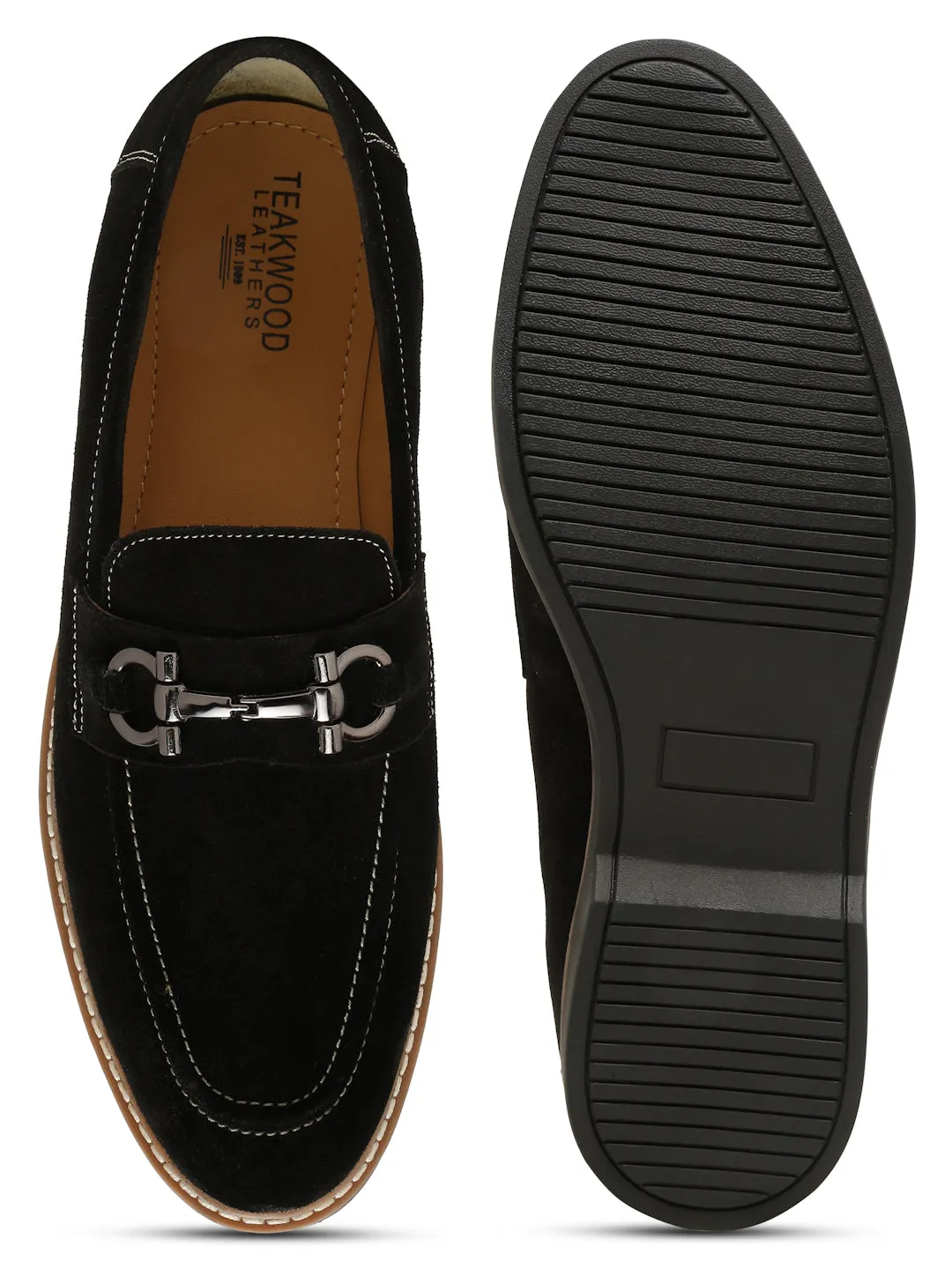 Men's BLACK Suede Leather Loafers With Antique Silver Buckle