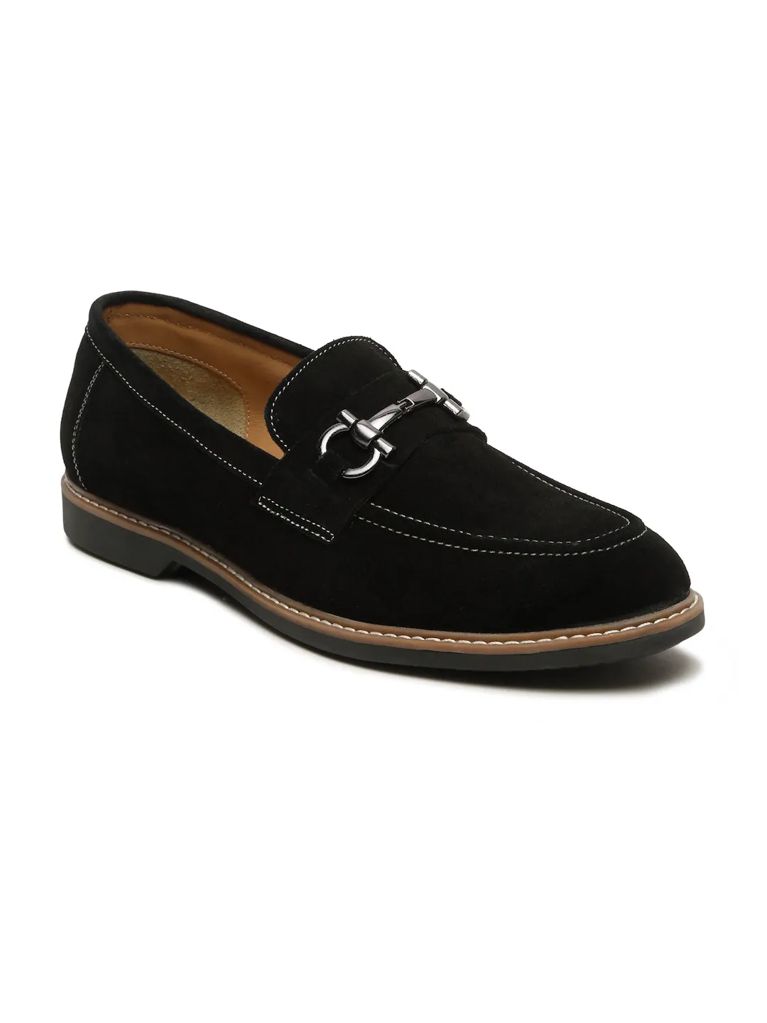 Men's BLACK Suede Leather Loafers With Antique Silver Buckle