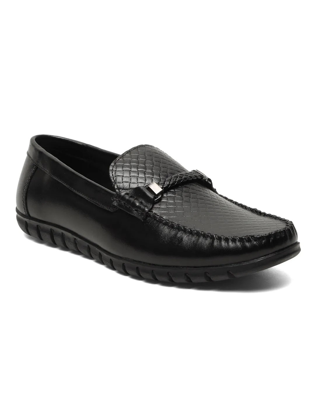 Men's Black Weave Pattern Leather 360 Loafers