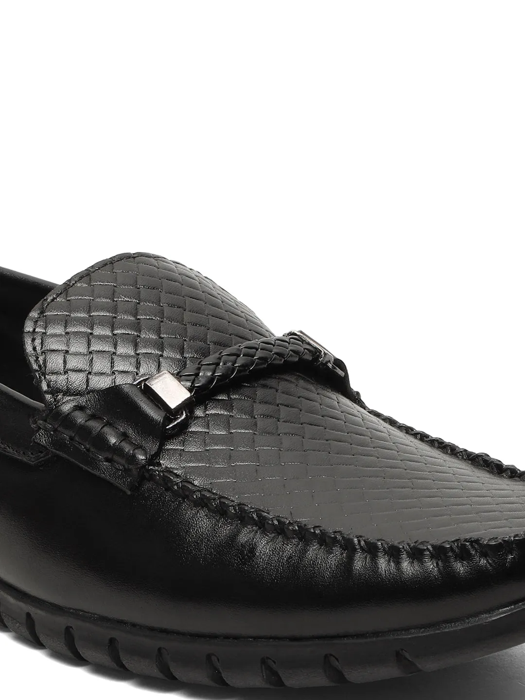 Men's Black Weave Pattern Leather 360 Loafers