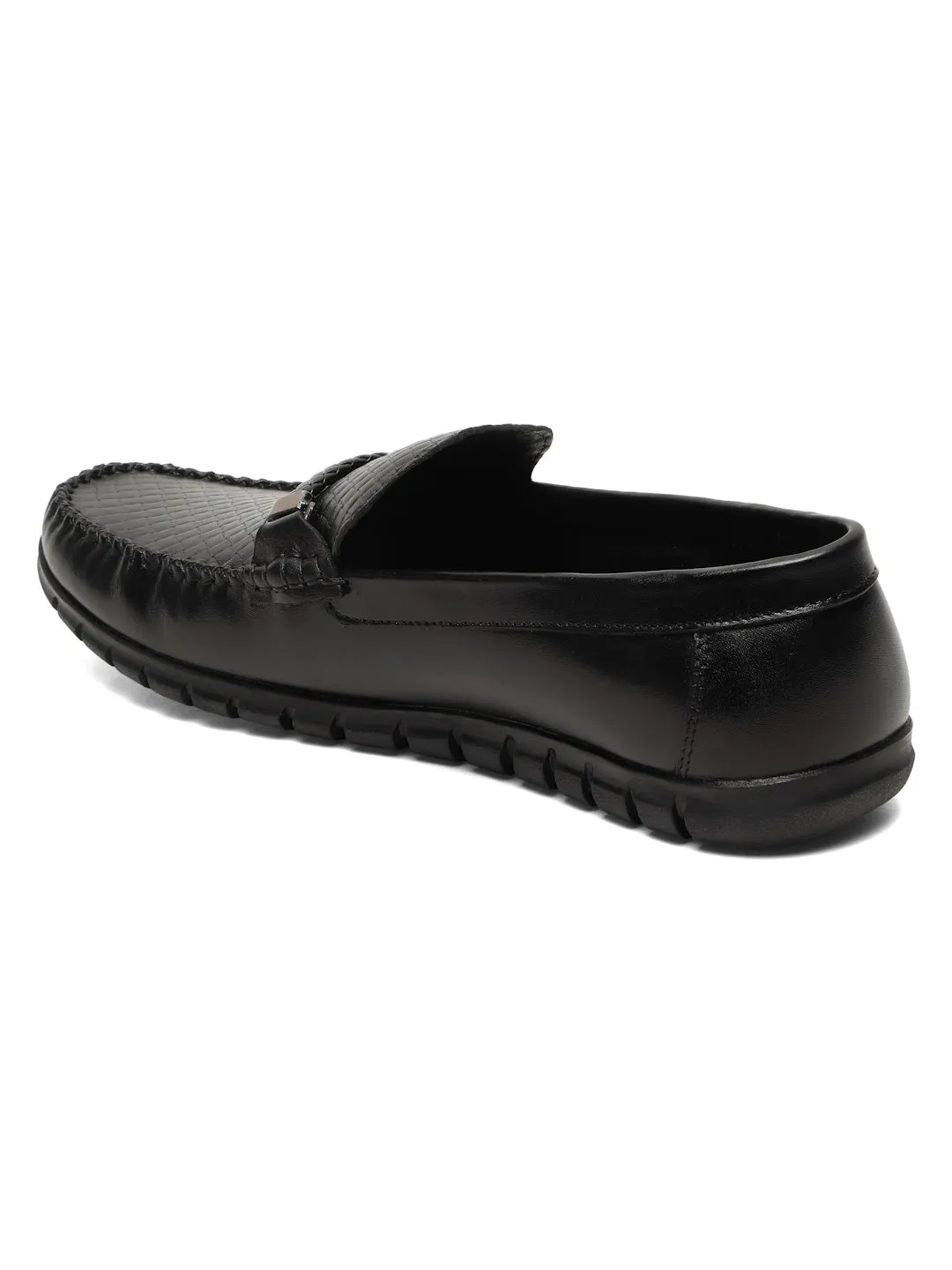 Men's Black Weave Pattern Leather 360 Loafers