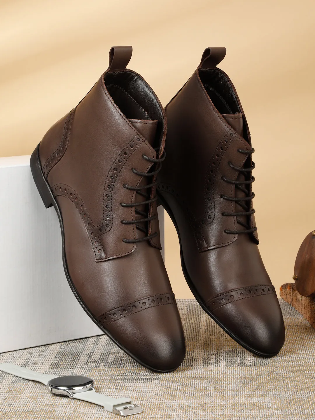 Men's Brown Laser Cut-Work Leather Chukka Boots