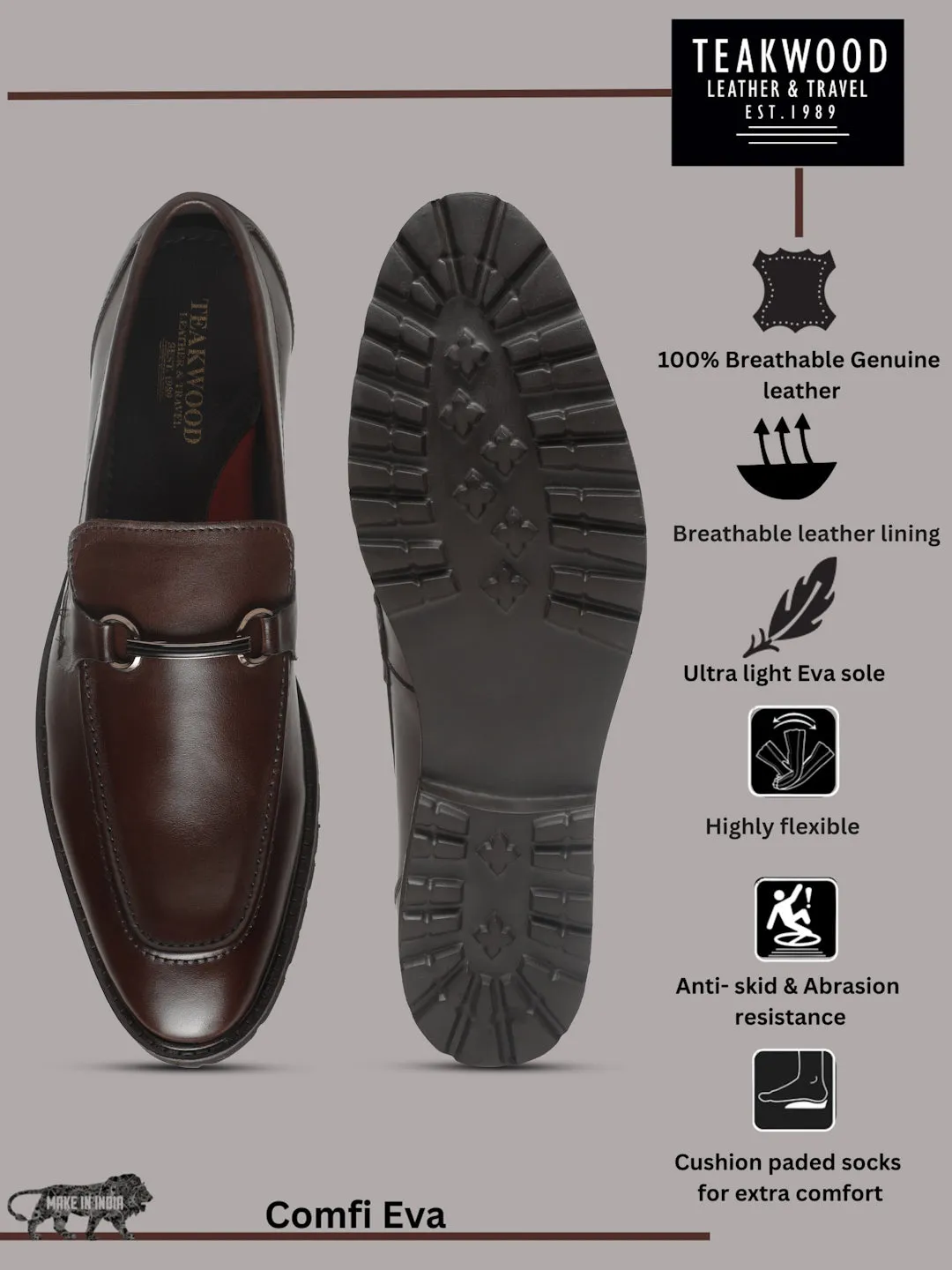 Men's Brown Solid Leather Moccasins shoes