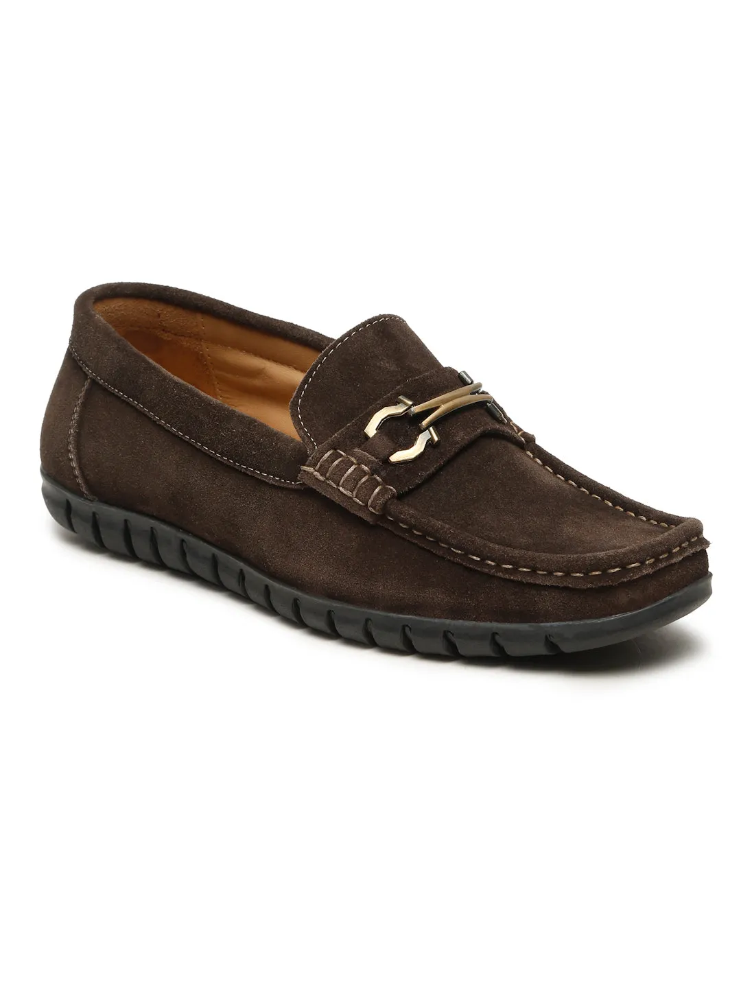 Men's Brown Suede Leather Loafers With Antique Gold Buckle