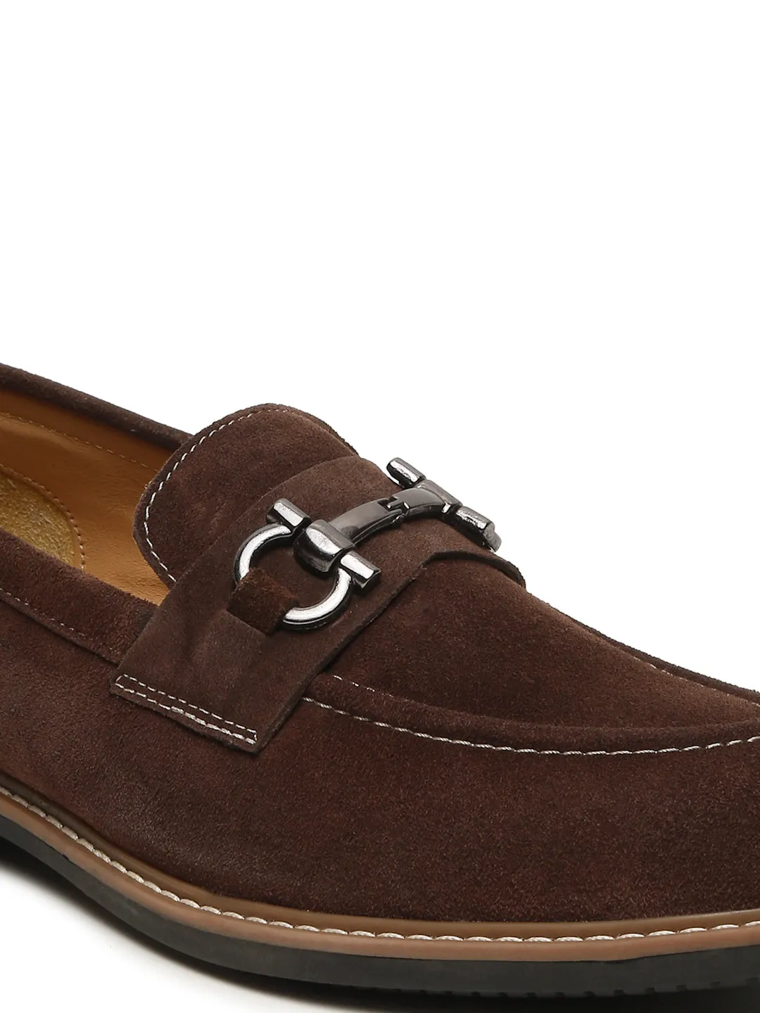 Men's Brown Suede Leather Loafers With Antique Silver Buckle