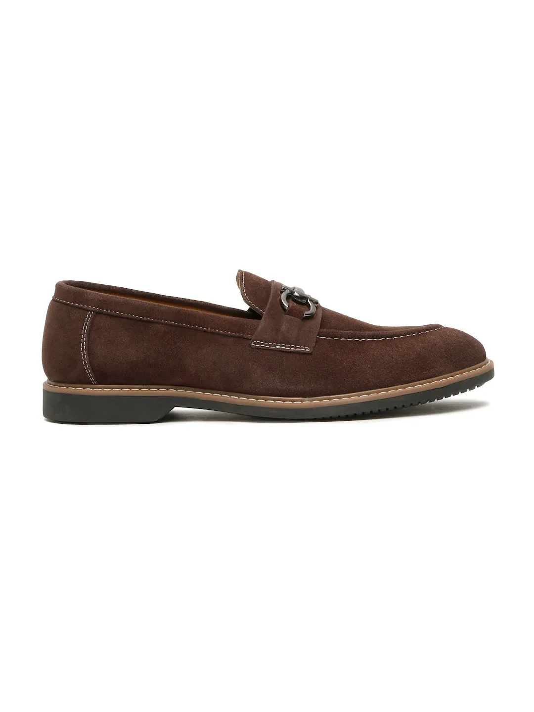 Men's Brown Suede Leather Loafers With Antique Silver Buckle