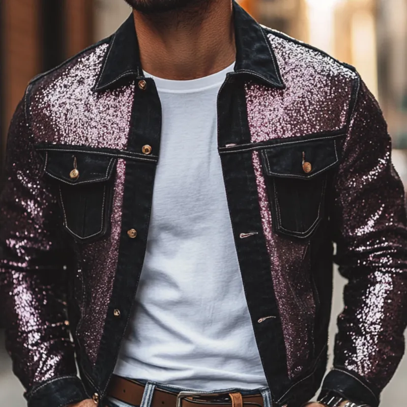 Men's Casual Lapel Denim Sequin Patchwork Slim-fit Jacket 39959058M