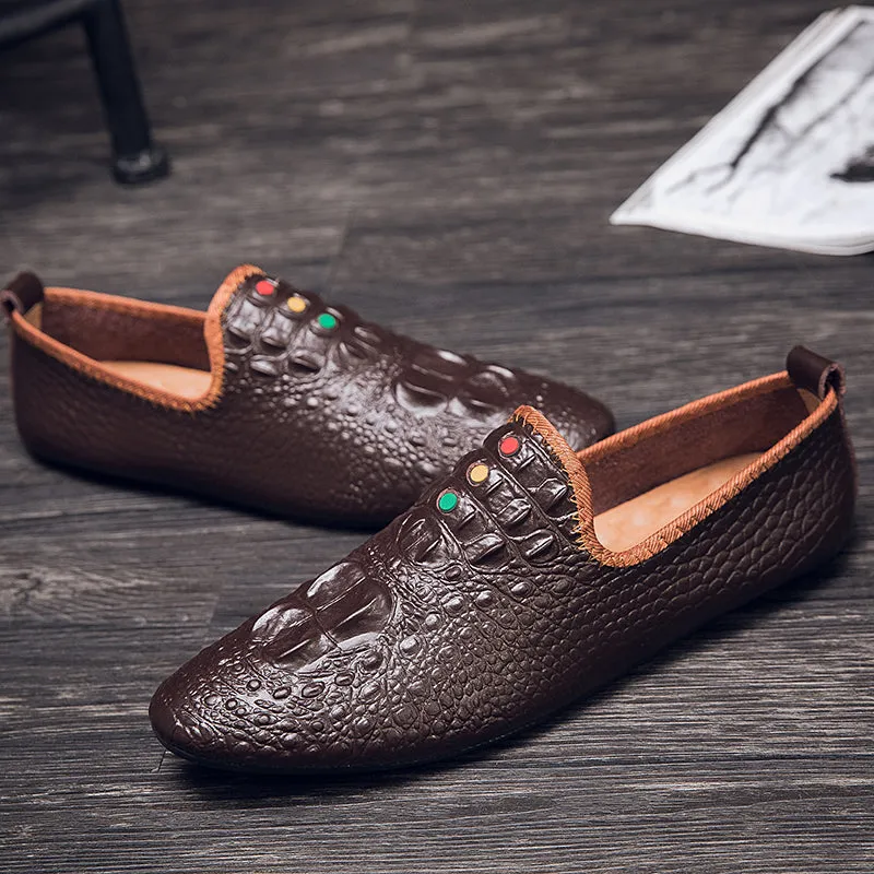 Men's Crocodile Pattern Moccasins Shoes Pointy Toe Loafers | 695