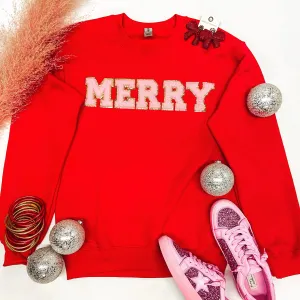 Merry Chenille Letter Graphic Sweatshirt with Long Sleeves in Red