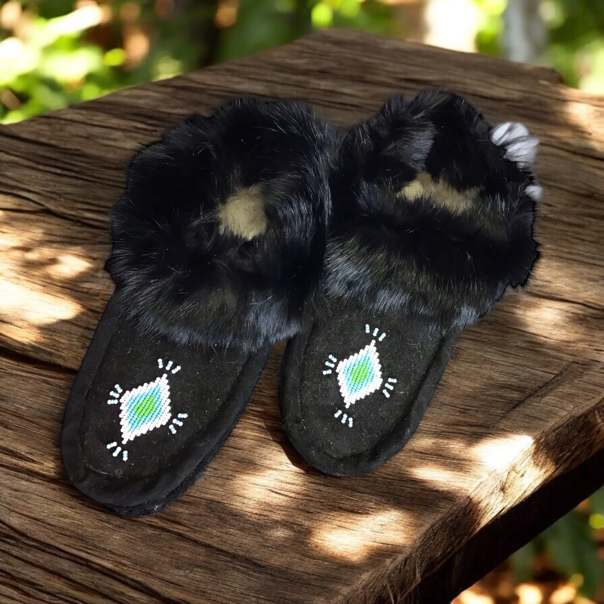 Moccasins Black with White Beadwork