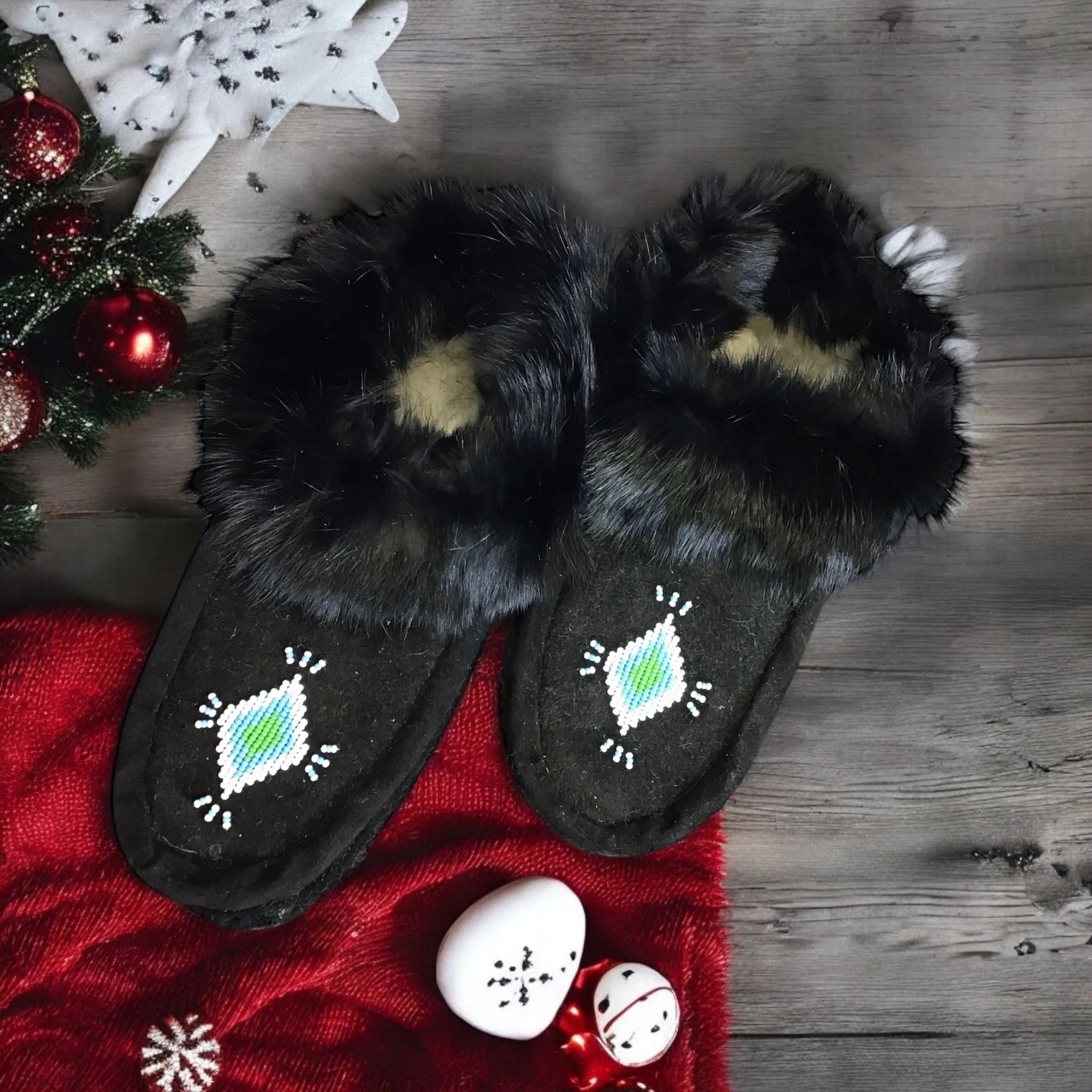 Moccasins Black with White Beadwork