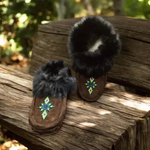 Moccasins Brown with Green Beadwork