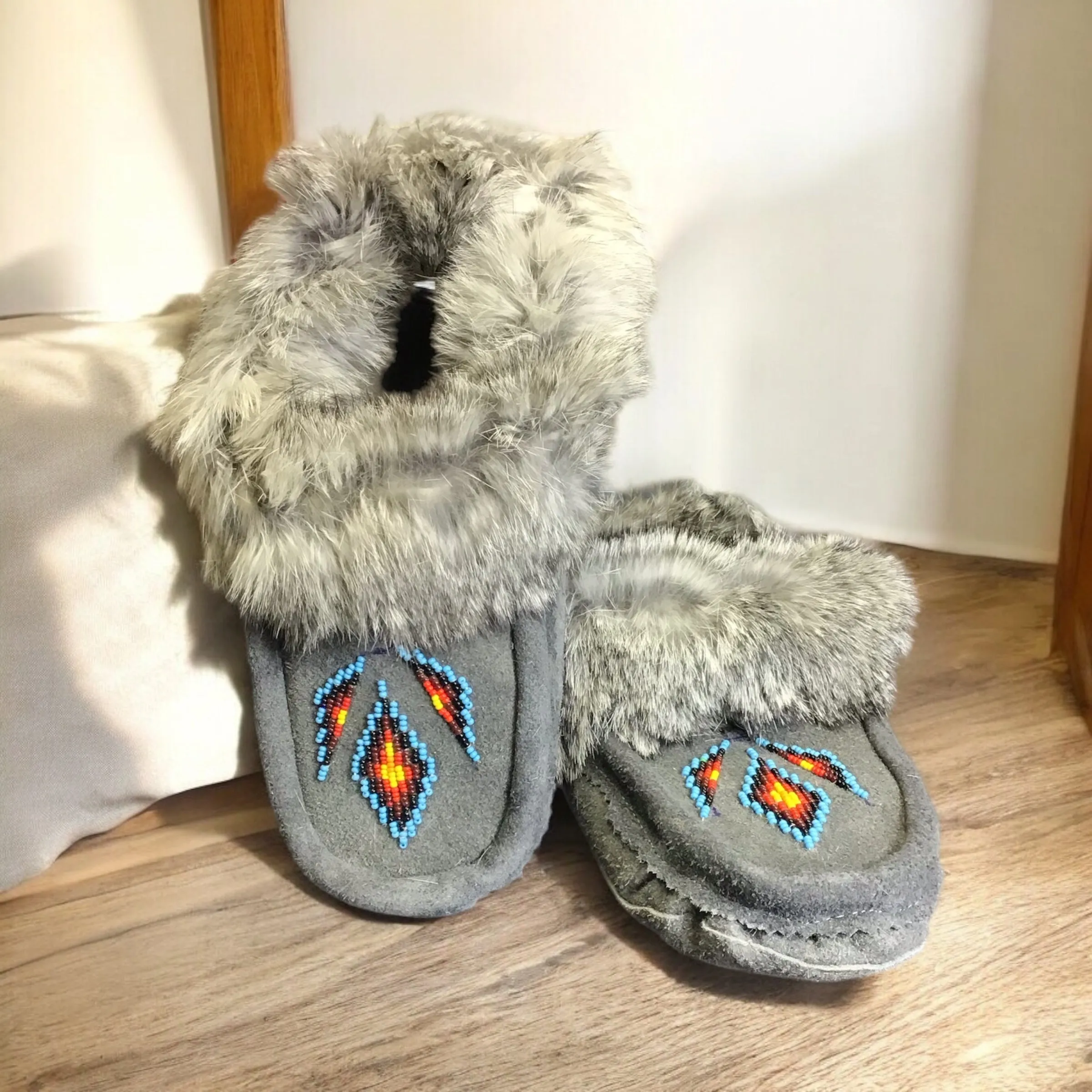 Moccasins Grey with Turquoise Beadwork