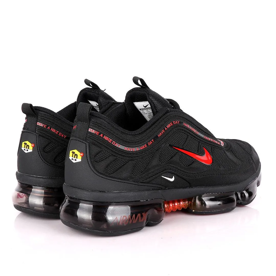 NK Max Black Sneakers With Tuned Pressure Sole And Red Logo Design