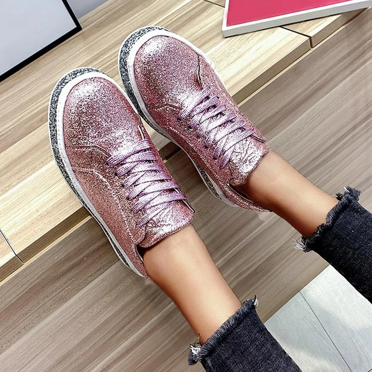 Platform Glitter Sequin Lace Up Bottom Slip On Trendy Leather Sneakers