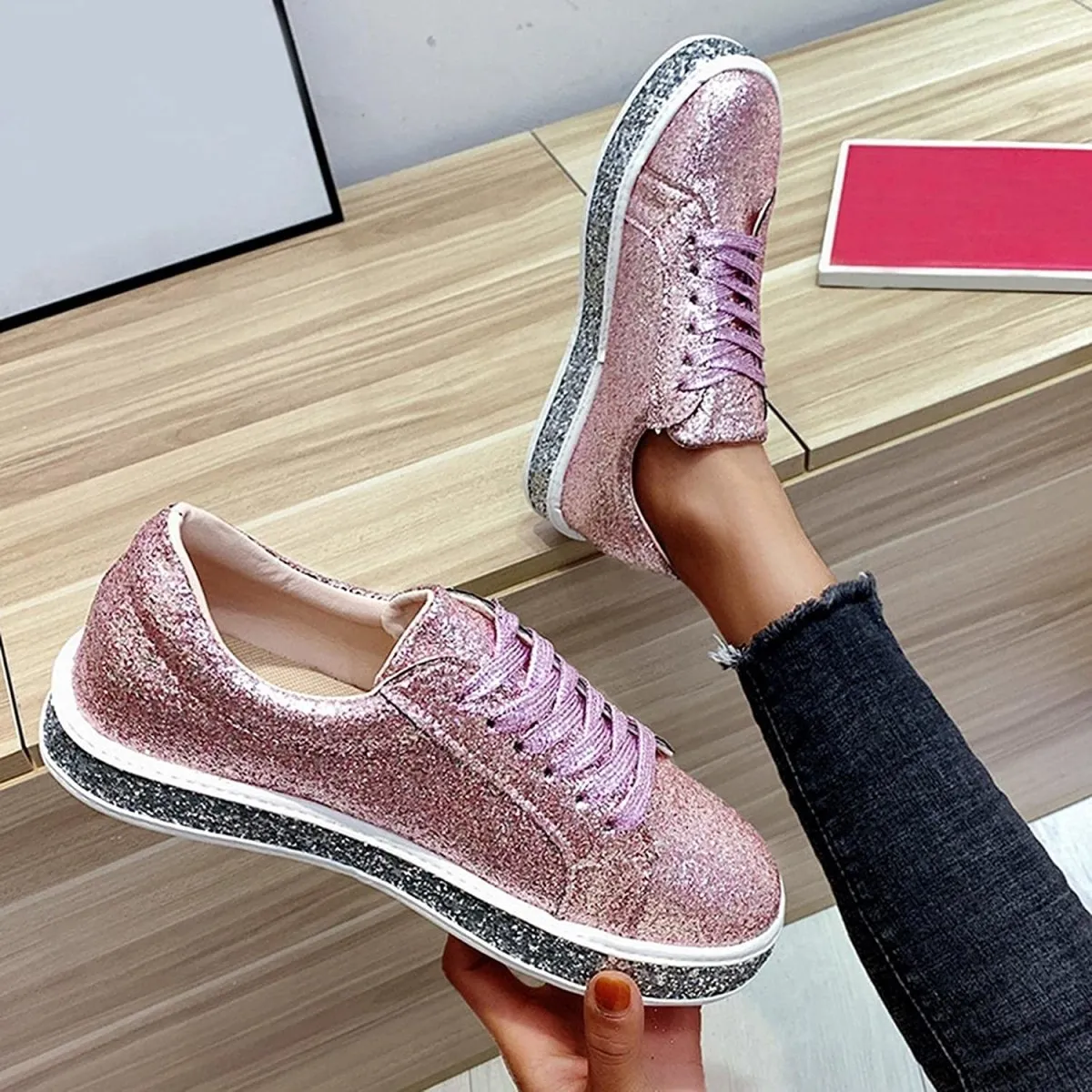 Platform Glitter Sequin Lace Up Bottom Slip On Trendy Leather Sneakers