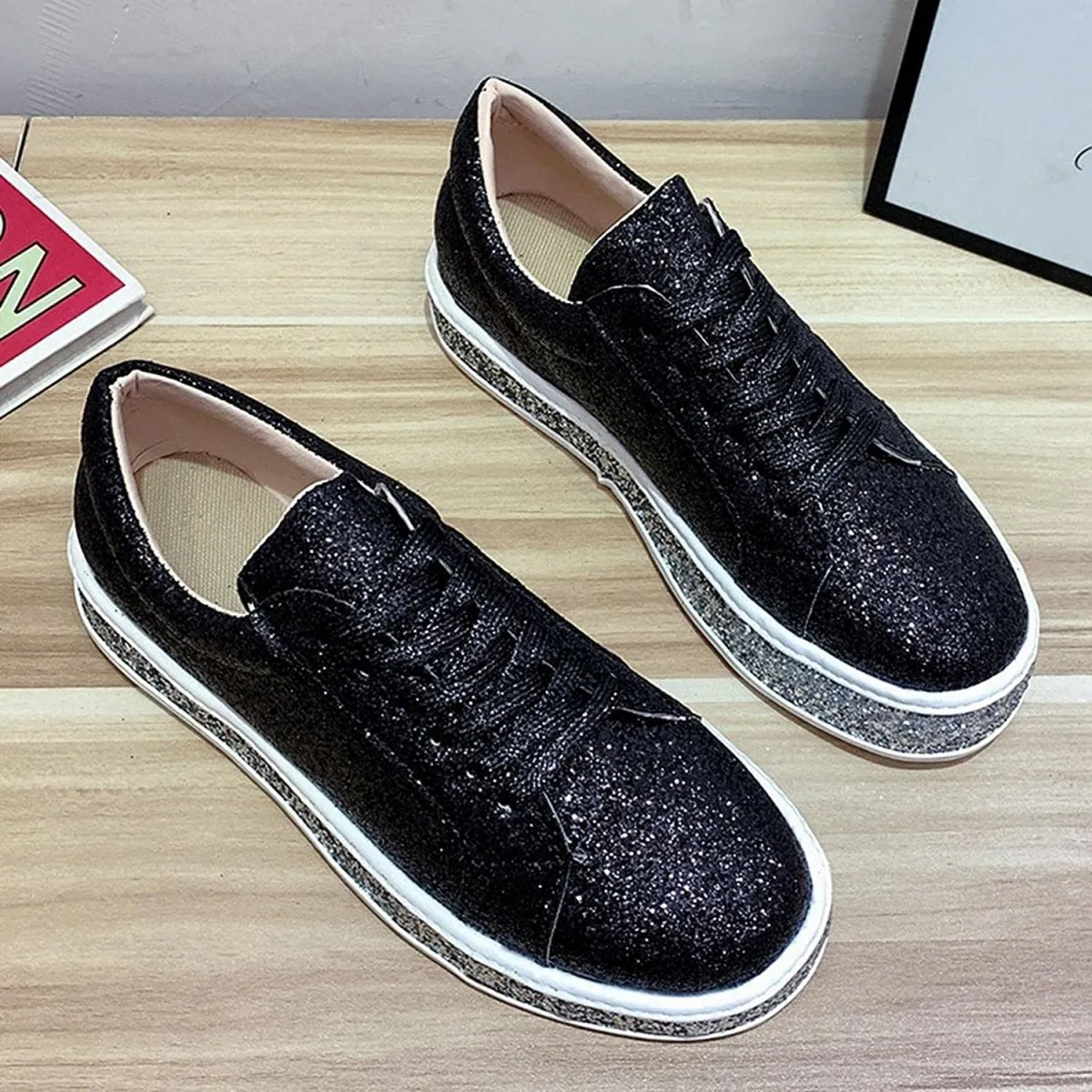 Platform Glitter Sequin Lace Up Bottom Slip On Trendy Leather Sneakers