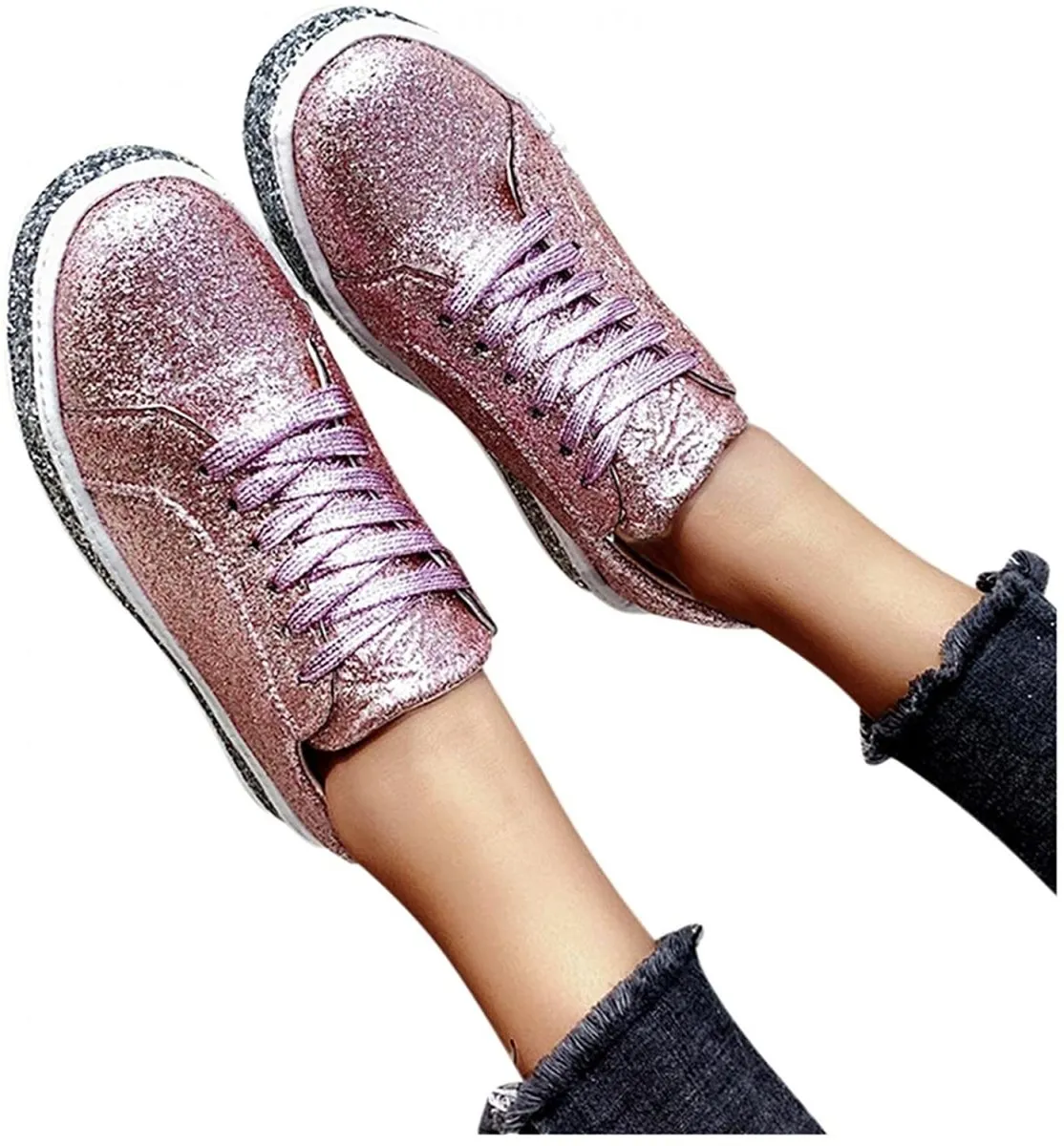 Platform Glitter Sequin Lace Up Bottom Slip On Trendy Leather Sneakers