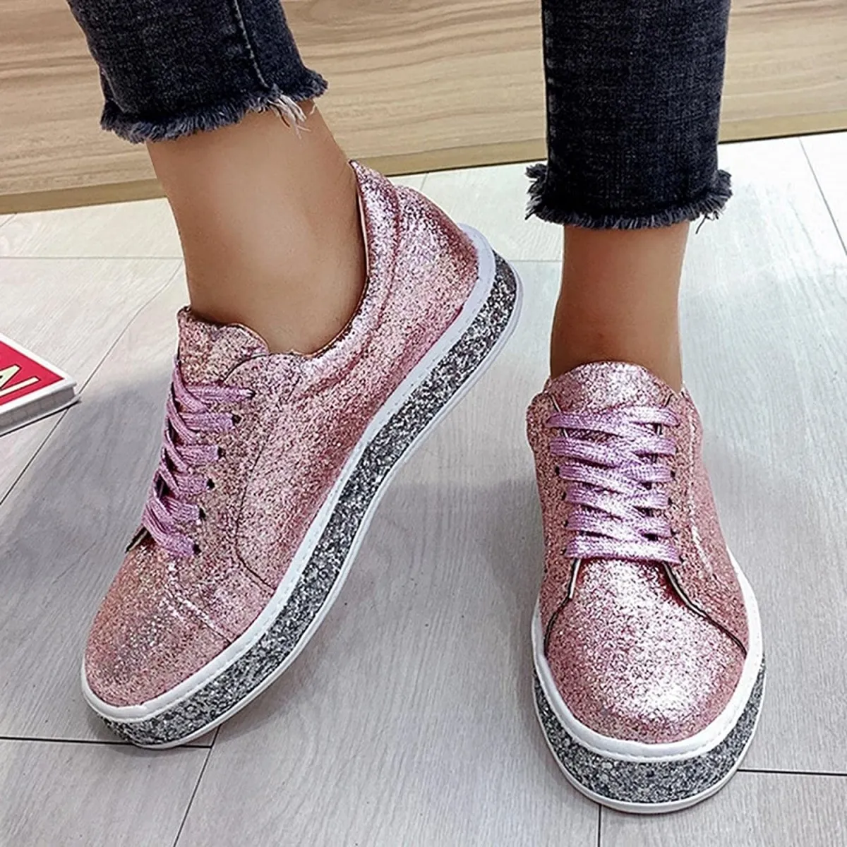 Platform Glitter Sequin Lace Up Bottom Slip On Trendy Leather Sneakers