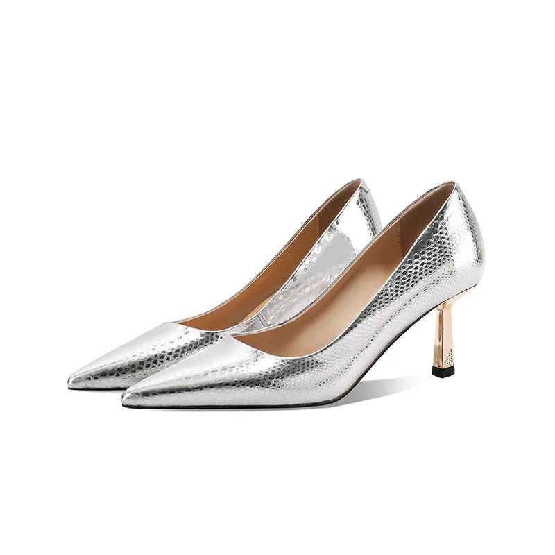 Pre Order:  Metallic Snake Pattern Shallow Mouth Stiletto Pumps