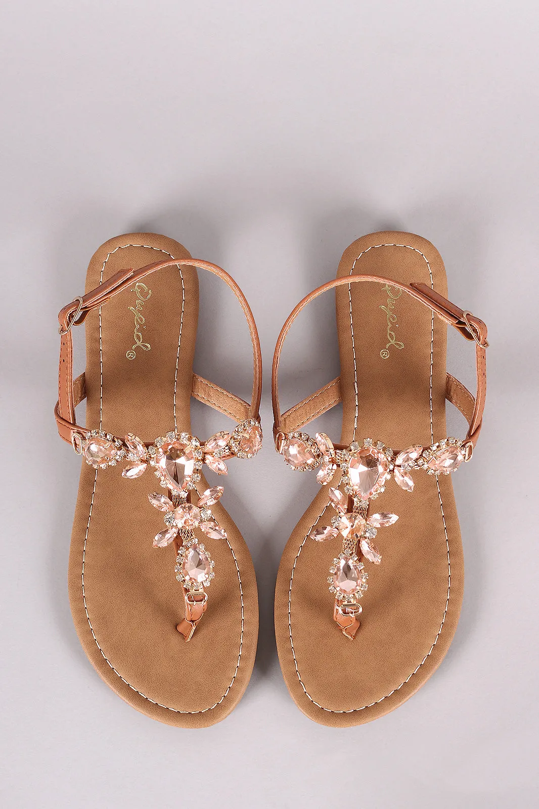 Qupid Jewels Embellished T-Strap Slingback Flat Sandal